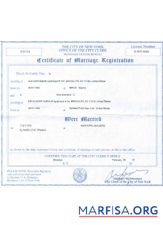 Printable USA New York certificate of marriage registration download for verification